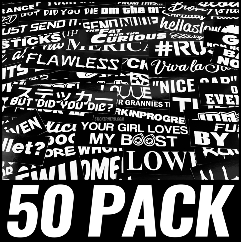 Collection of various black and white stickers with text on a black background