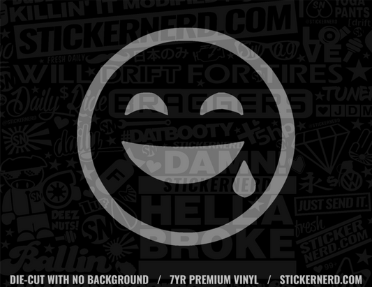White smiley face with tears of joy on a black background