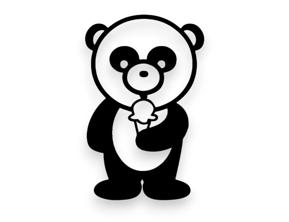 A black and white cartoon panda holding an ice cream cone, centered on a plain white background.