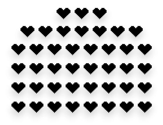 A sticker pack sheet featuring a collection of black pixelated heart vinyl decals in an 8-bit retro gaming style on a white background.