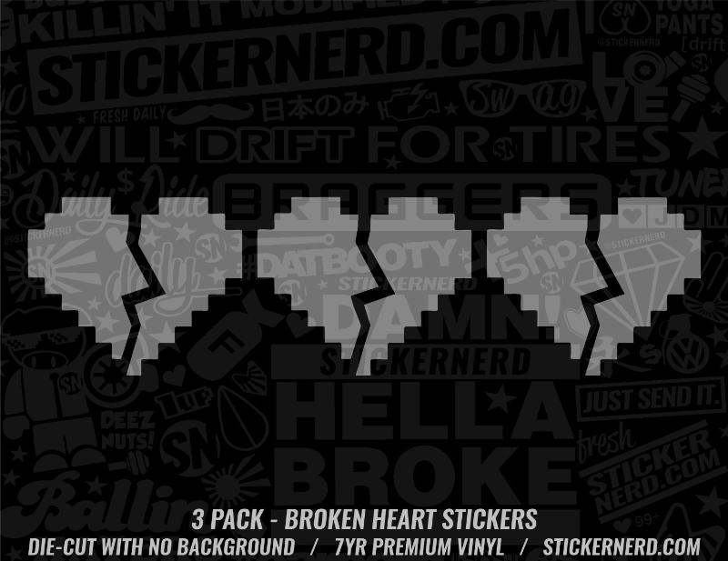 Three broken heart-shaped stickers with no background, designed for use as car decals or window stickers.