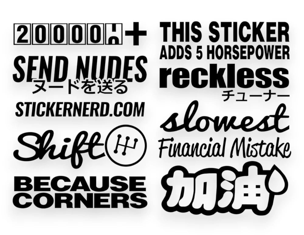 Sticker pack featuring custom die-cut vinyl window stickers and decals spread out on a flat surface.