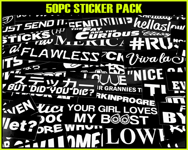 50-piece sticker pack with various text designs on a black background