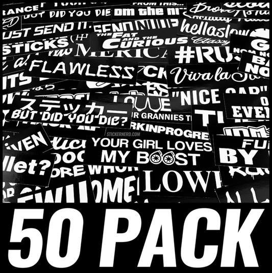 Collection of various black and white stickers with text on a black background