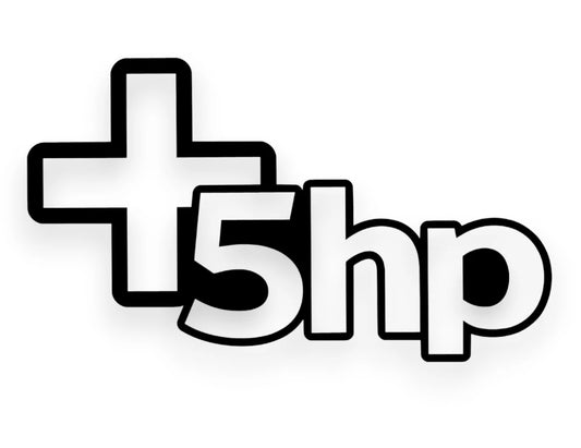 A black and white graphic sticker or decal featuring a bold plus sign and the text '5hp' in a rounded, stylized font, set against a plain white background.