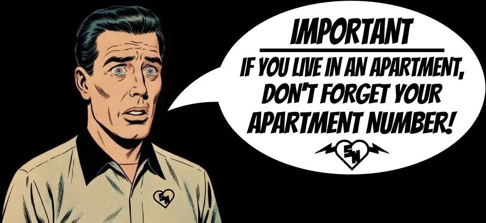 Comic-style character with a speech bubble containing a humorous quote about apartment numbers.