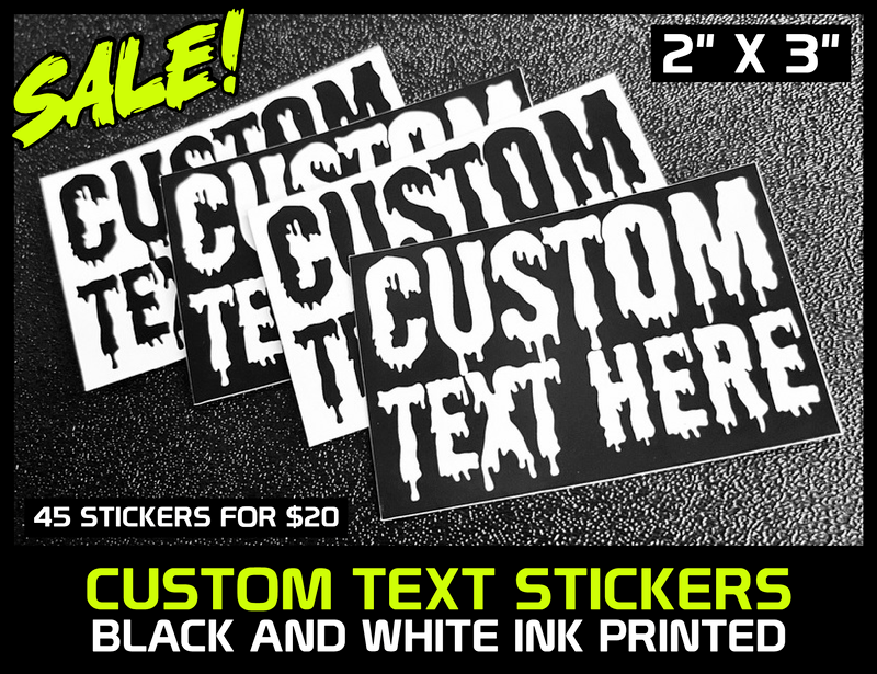 Promotional graphic for custom printed text stickers with sale text.