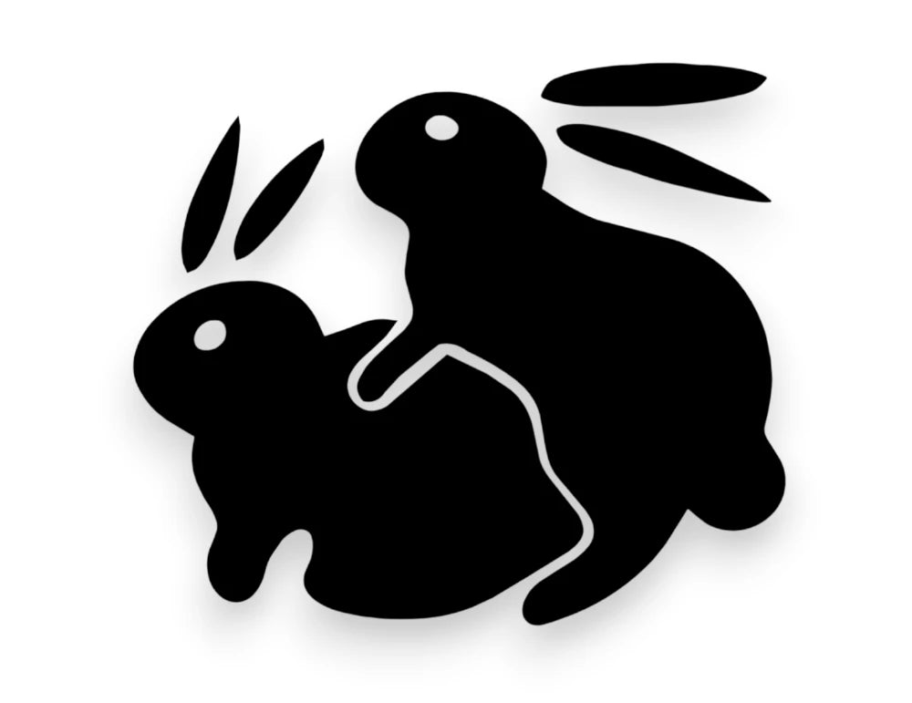 Black rabbit silhouette wall art with a white outline and soft drop shadow on a white background.