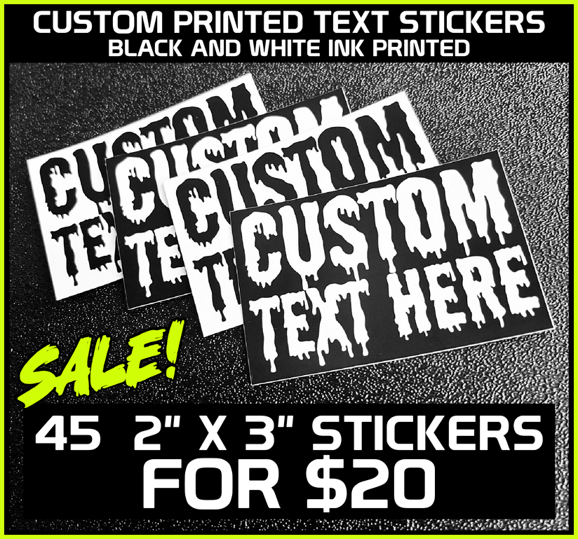 Black sticker with customizable text on a textured surface, featuring a sale promotion.