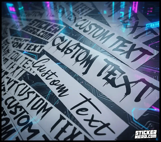 Multiple diagonal custom text stickers reading 'CUSTOM TEXT' in black lettering on white strips, set against a neon cyberpunk background with purple, blue, and pink light reflections. A 'STICKERHEAD.
