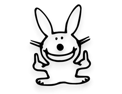 A black vinyl sticker of a cartoon rabbit with long ears, a wide smile, and raised middle fingers, shown on a white background with a soft drop shadow.