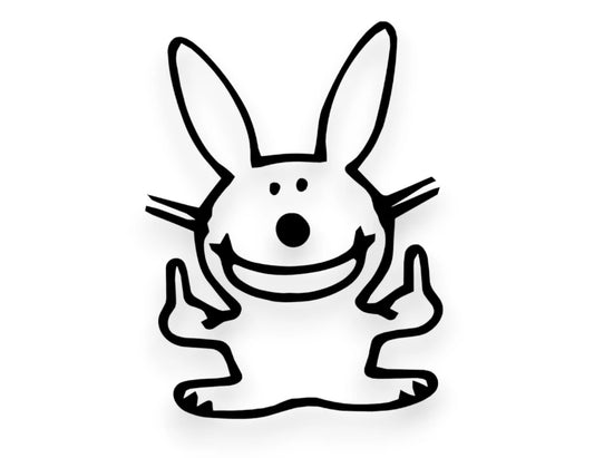 A black vinyl sticker of a cartoon rabbit with long ears, a wide smile, and raised middle fingers, shown on a white background with a soft drop shadow.