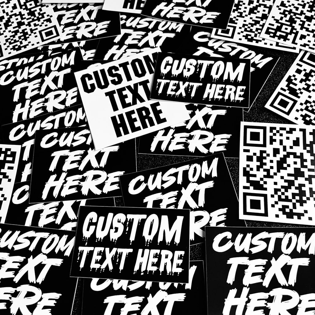 Collection of customizable text stickers with 'Custom Text Here' on a black background.