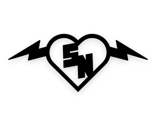 A black vinyl wall art piece featuring a broken heart with lightning bolts on either side and the letters 'SN' inside, shown on a plain white background.