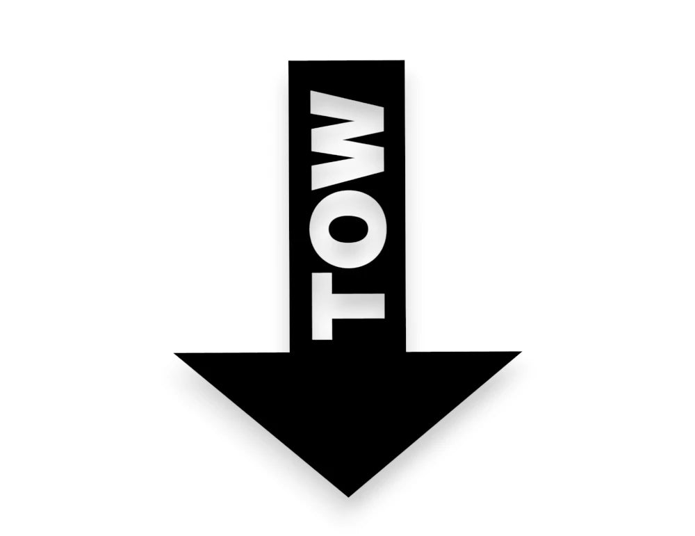A black arrow pointing downward with the word 'TOW' in white vertical text on the shaft, shown on a plain white background.