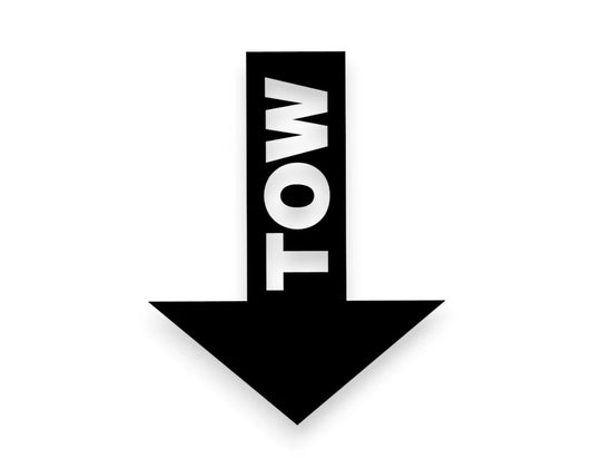 A black arrow pointing downward with the word 'TOW' in white vertical text on the shaft, shown on a plain white background.