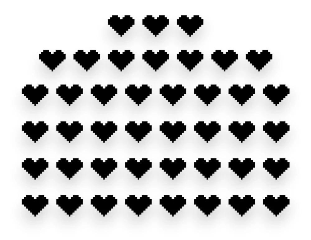 A sticker pack sheet featuring a collection of black pixelated heart vinyl decals in an 8-bit retro gaming style on a white background.