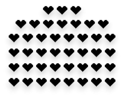A sticker pack sheet featuring a collection of black pixelated heart vinyl decals in an 8-bit retro gaming style on a white background.