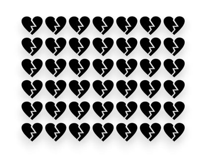 A sticker pack sheet featuring a grid of small, black broken heart vinyl decals with a jagged crack down the middle on a white background.