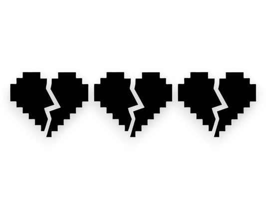 Three broken heart-shaped stickers with no background, designed for use as car decals or window stickers.