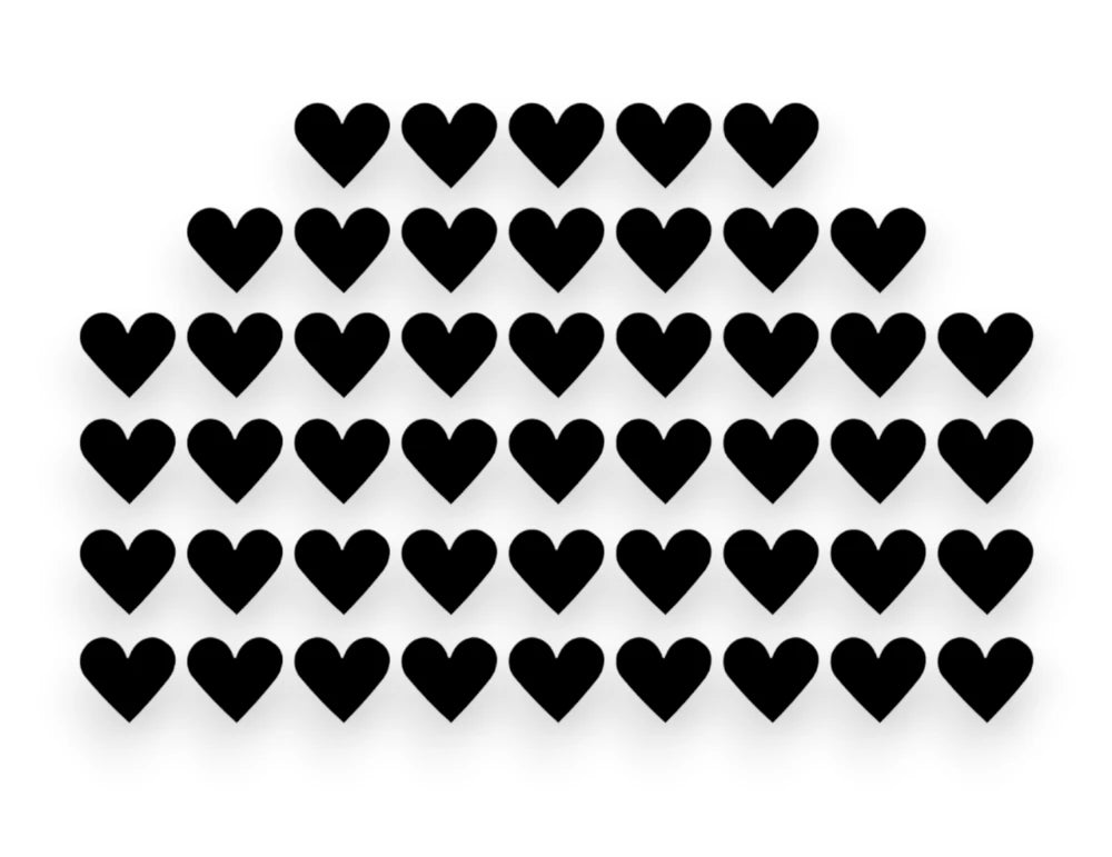 A sticker pack sheet featuring a collection of small, solid black heart vinyl decals arranged in clean rows on a white background.