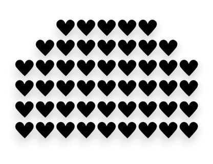 A sticker pack sheet featuring a collection of small, solid black heart vinyl decals arranged in clean rows on a white background.
