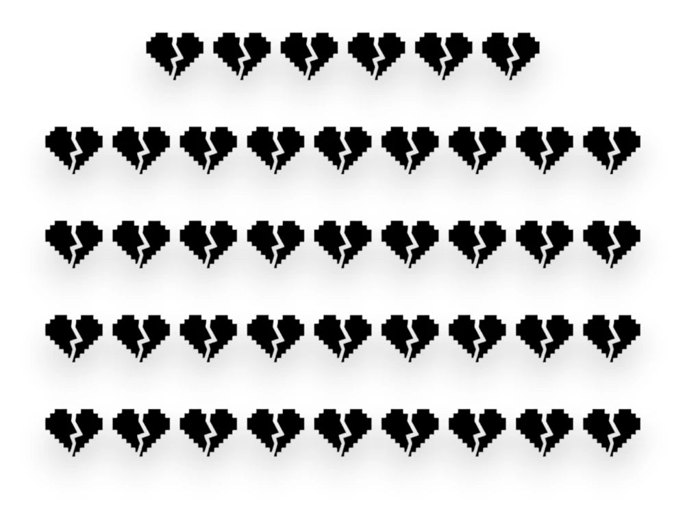 A sticker pack sheet featuring rows of small, black pixelated broken heart vinyl decals with an 8-bit retro gaming crack down the center.