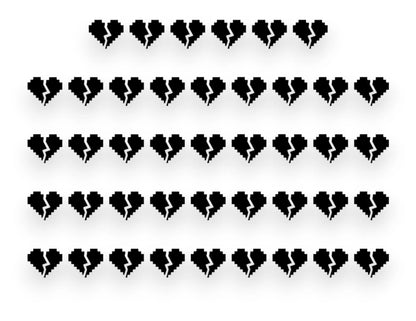 A sticker pack sheet featuring rows of small, black pixelated broken heart vinyl decals with an 8-bit retro gaming crack down the center.