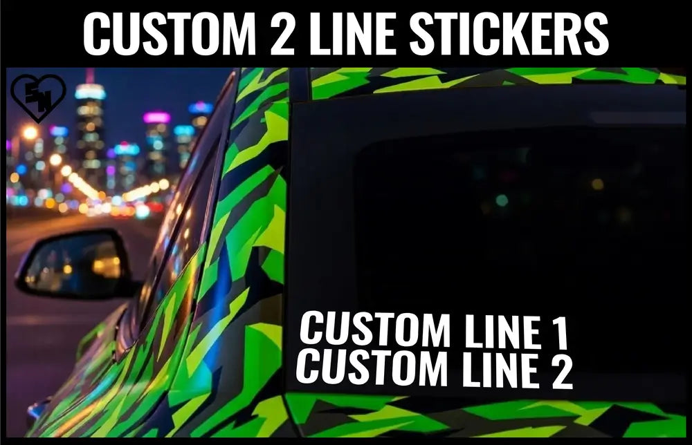 Car with green and black camouflage wrap in front of a cityscape at night.