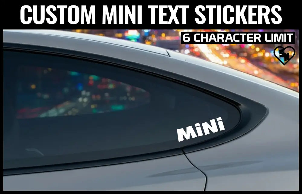 Car window with a 'Mini' sticker against a cityscape background