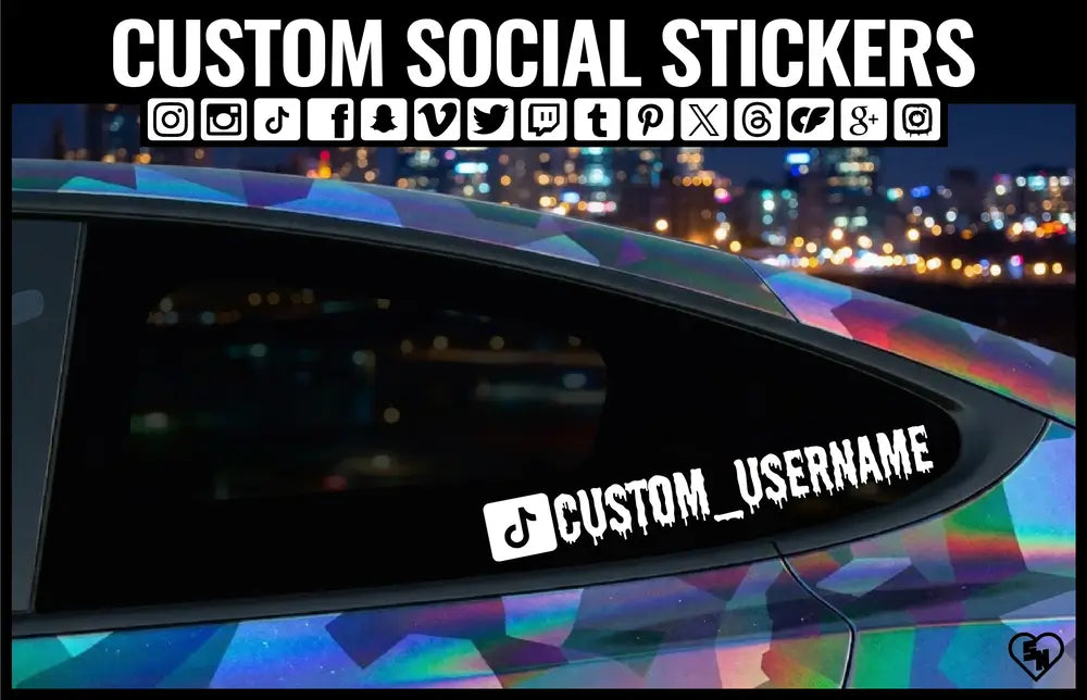 Car window with a custom social sticker and customizable text against a cityscape background