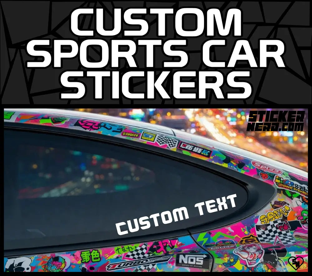 Custom Sports Car Stickers - Colorful custom sports car with various stickers on a dark background with text 'Custom Sports Car Stickers'.