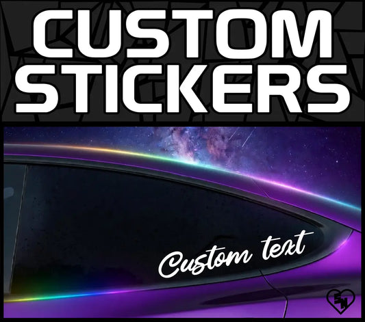 Custom Stickers banner graphic showing cursive white vinyl "Custom text" lettering applied to the rear window of a purple car.