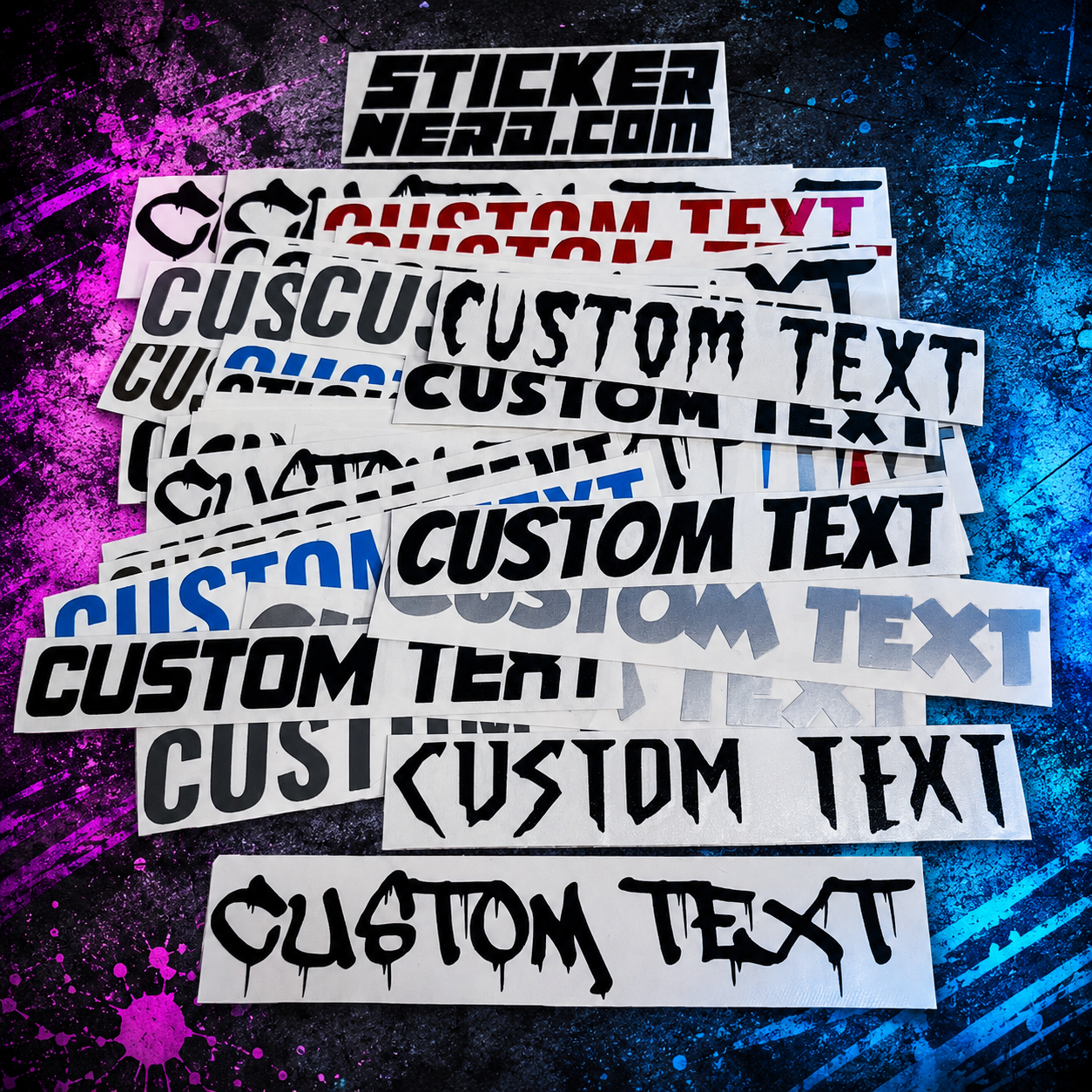 Collection of customizable text stickers on a colorful abstract background