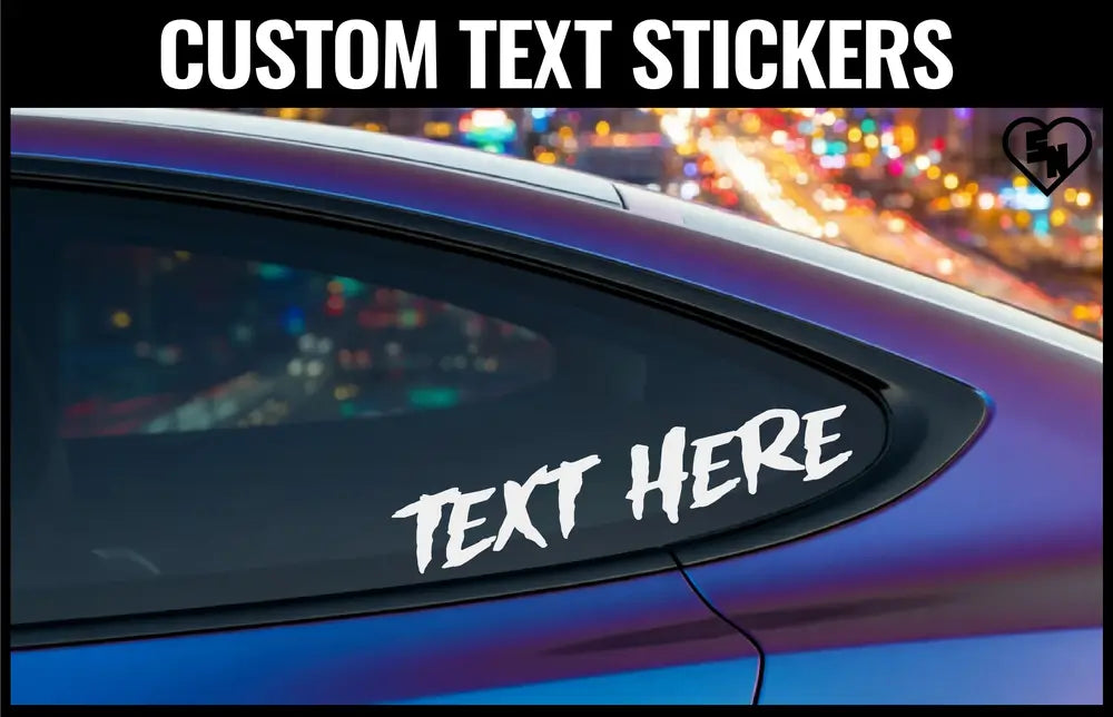 Car window with a custom text sticker labeled 'Text Here' against a cityscape background.