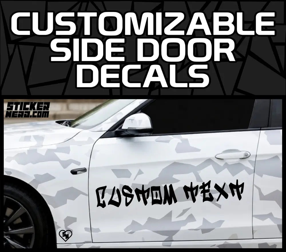 Graphic showing customizable side door decals text above a photo of a white camouflage-wrapped car with black graffiti-style custom text vinyl lettering on the front door.