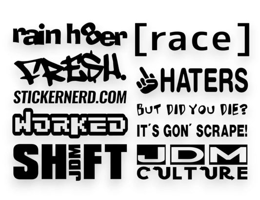 A car sticker pack sheet featuring black vinyl decals with text like JDM Culture, But Did You Die?, It’s Gon’ Scrape!, and a middle finger hand gesture icon.