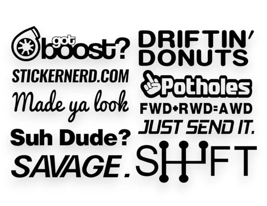 A 10-piece vinyl sticker pack sheet featuring black car decals with text like got boost?, Driftin’ Donuts, Just Send It, and Shift on a white background.