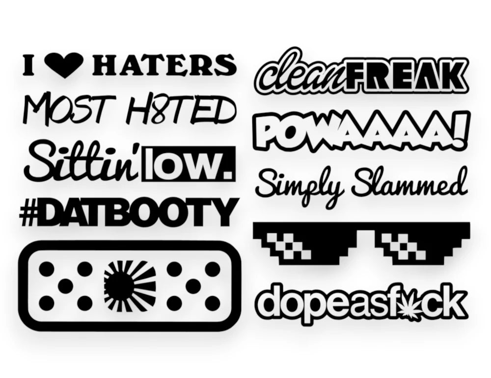 A car sticker pack sheet featuring black vinyl decals with automotive culture text like Sittin’ Low, Simply Slammed, POWAAAA!, and a pair of pixelated meme sunglasses.