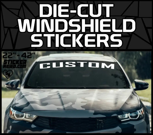 Die-Cut Windshield Stickers banner with custom car window decal mockup on a camo wrapped vehicle