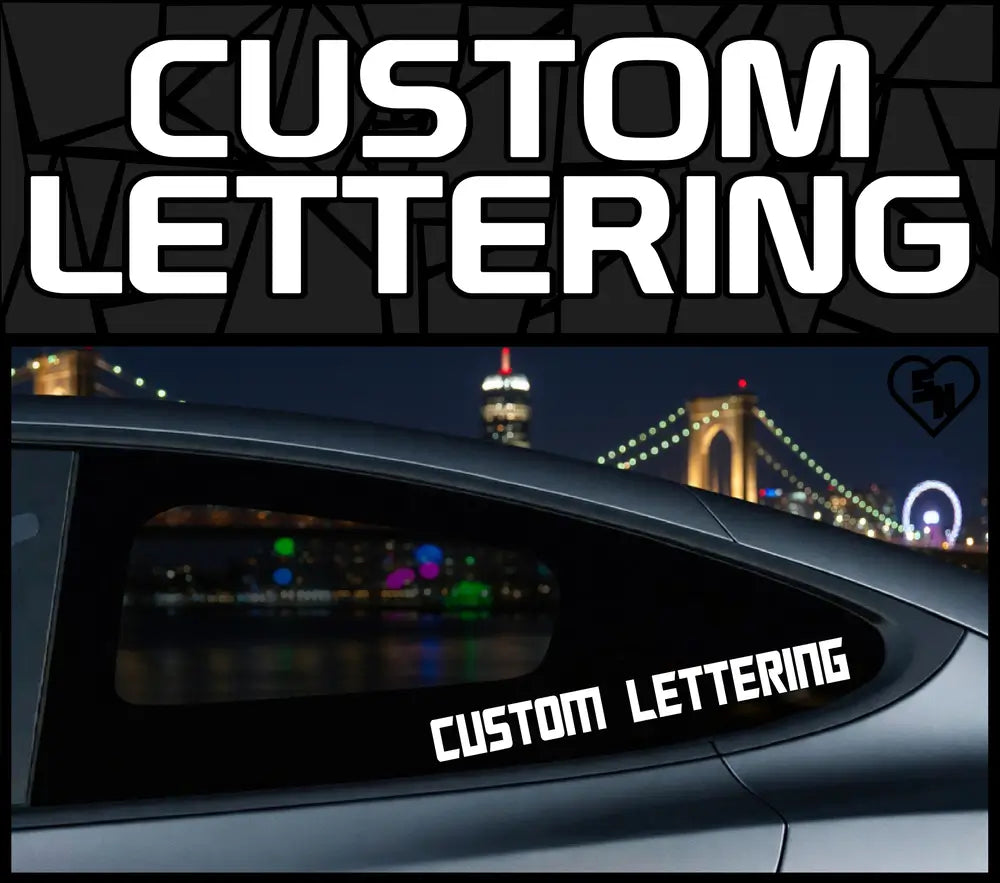 A split-screen promotional image with the top half reading "CUSTOM LETTERING" and the bottom half showcasing a white personalized text vinyl sticker applied to a silver car's window against a night cityscape and bridge backdrop.