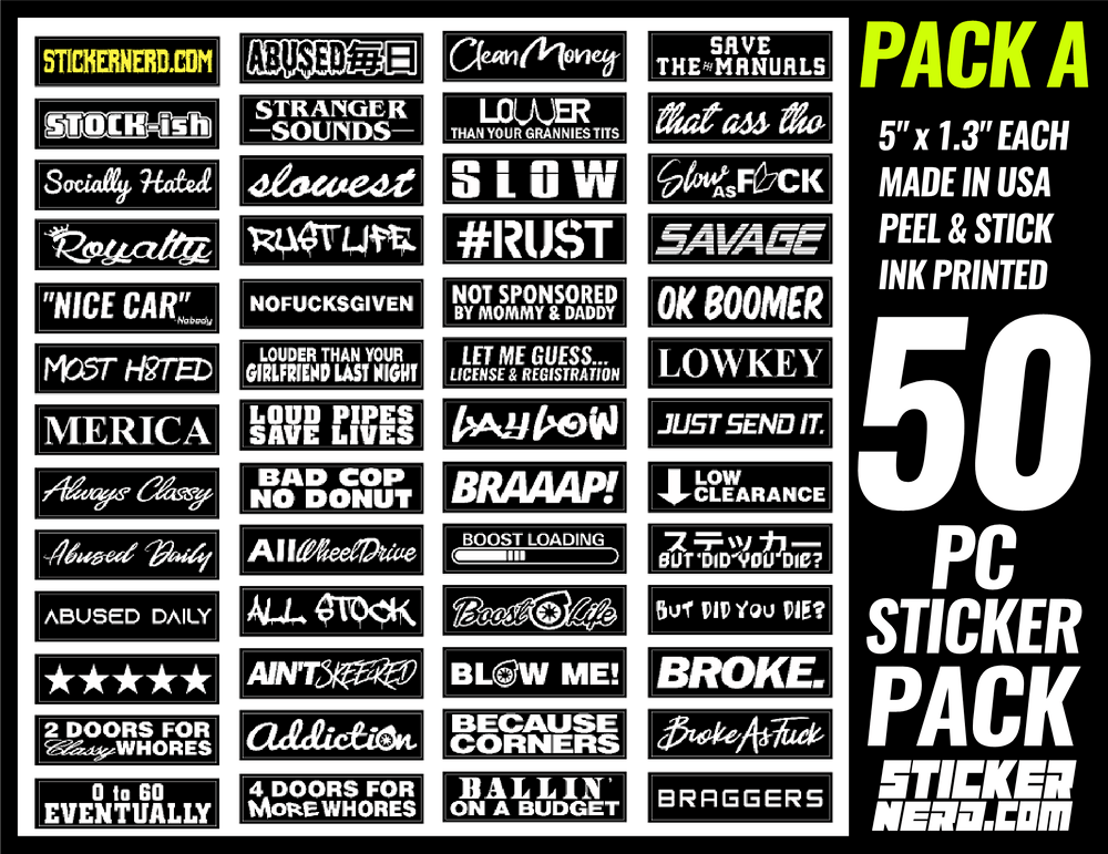 Sticker pack with various black and white stickers on a black background, featuring text and branding.