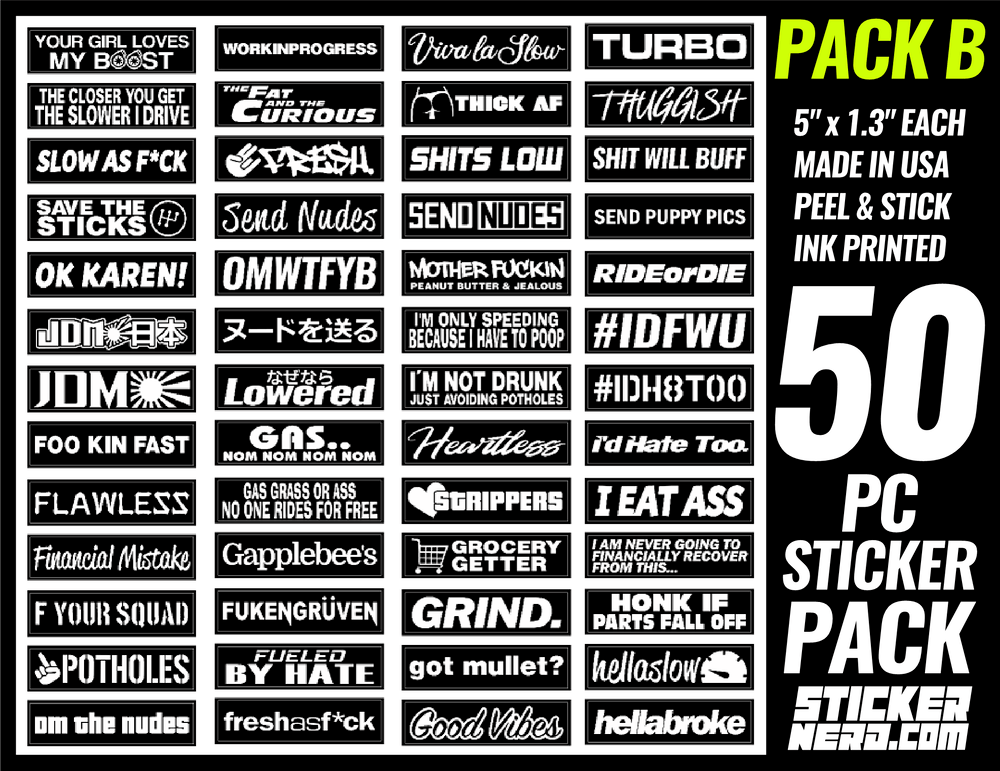 Sticker pack with various printed designs on a black background
