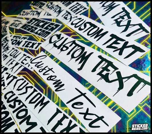 Multiple white rectangular stickers printed with black custom text in a dripping graffiti font, arranged diagonally over a colorful neon circuit-patterned background. A small 'Sticker Hero.