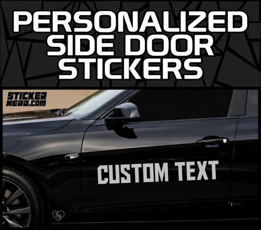 Graphic showing personalized side door stickers text above a photo of a black car with white tall block-style custom text vinyl lettering on the front door.
