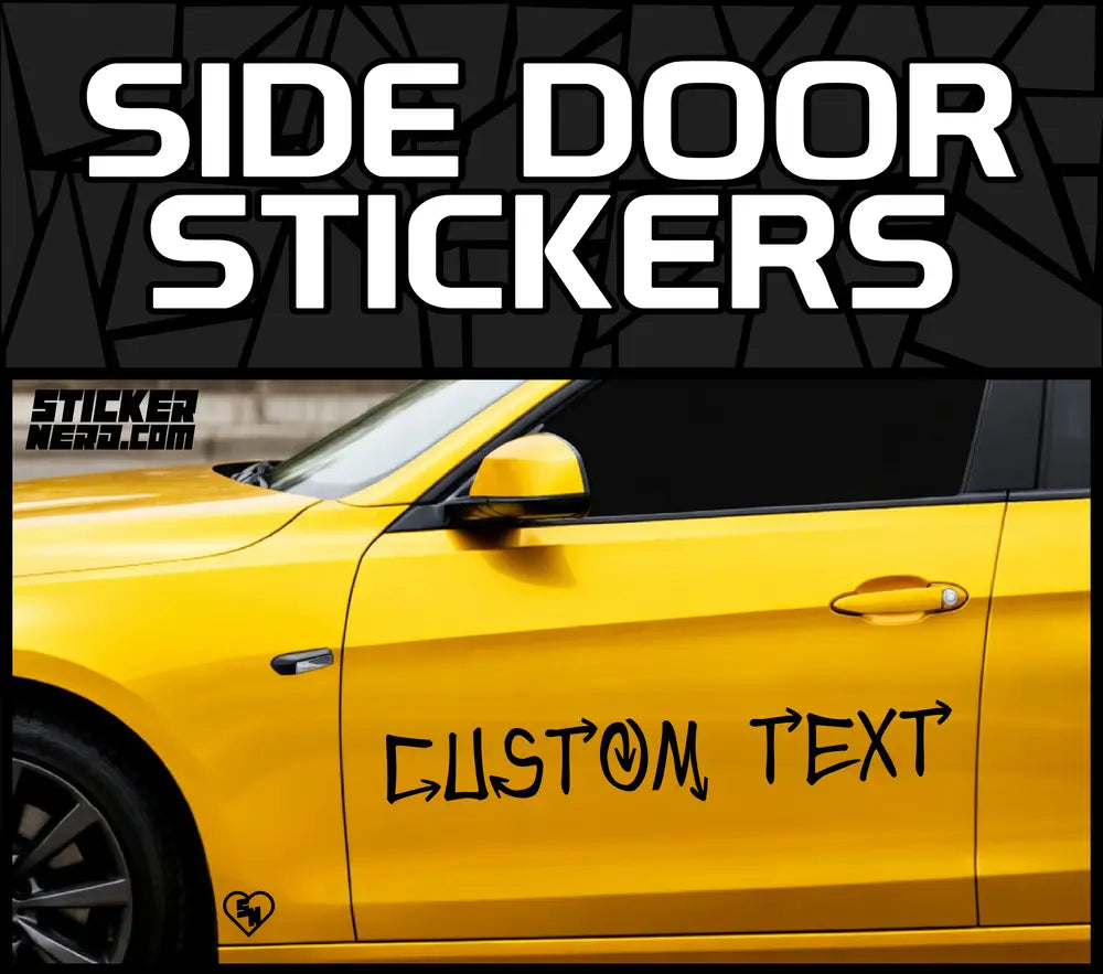 Custom Side Door Stickers - Vinyl Car Decals featuring a personalized black dripping text style on a yellow vehicle.