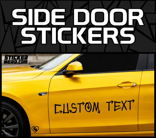Custom Side Door Stickers - Vinyl Car Decals featuring a personalized black dripping text style on a yellow vehicle.