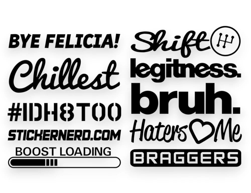 JDM car window stickers and decal pack featuring automotive humor phrases like Legitness, Braggers, and Haters Love Me.