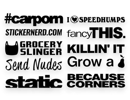 A car sticker pack sheet featuring black vinyl decals with automotive culture text like #carporn, static, Grocery Slinger, and Because Corners on a white background.