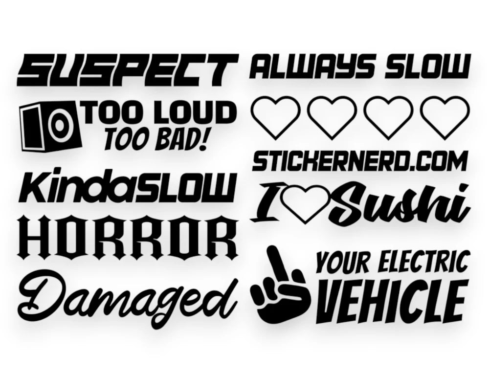 A car sticker pack sheet featuring black vinyl decals with text like SUSPECT, ALWAYS SLOW, Damaged, and an I Heart Sushi script logo.